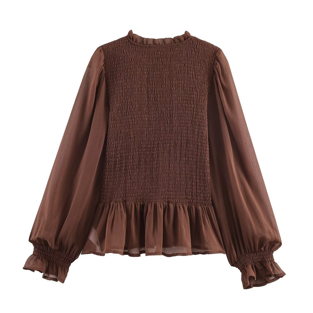 Damen Chiffonbluse mit Smokoberteil, voluminösen Ballonärmeln und Rüschenkragen Nord Taschen