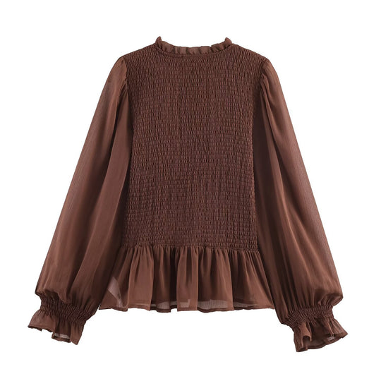 Damen Chiffonbluse mit Smokoberteil, voluminösen Ballonärmeln und Rüschenkragen Nord Taschen
