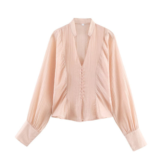 Damen Taillierte Bluse mit Stehkragen, V‑Ausschnitt und dekorativer Knopfleiste Nord Taschen