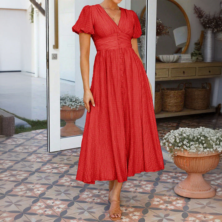 Damen Maxikleid mit V-Ausschnitt und luftigen Puffärmeln