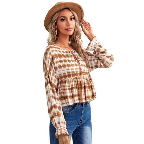 Damen luftiges Peplum-Blusenshirt mit Batikmuster, Kordel‑Neckline und gerafften Ärmeln Nord Taschen