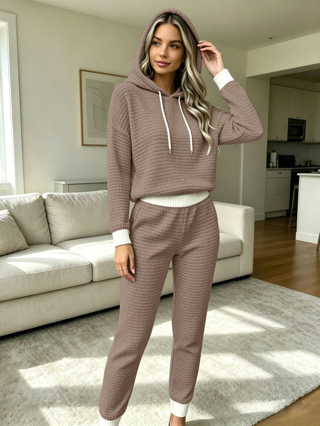 Damen Waffel-Struktur Lounge-Set mit Kapuzenpullover und Slim-Jogginghose Nord Taschen
