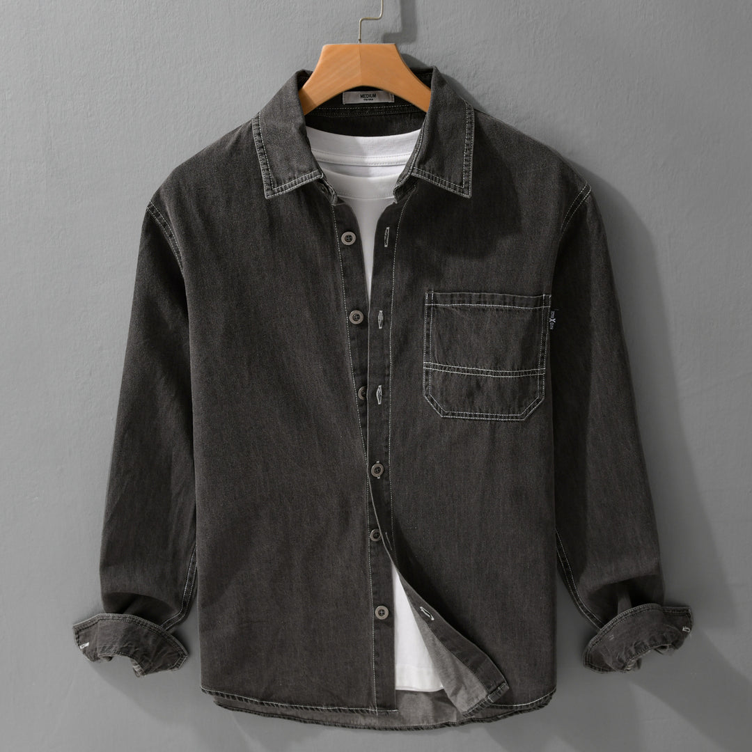 Herren Gewaschenes Denim-Overshirt im Workwear-Look mit Kontrastnähten Nord Taschen