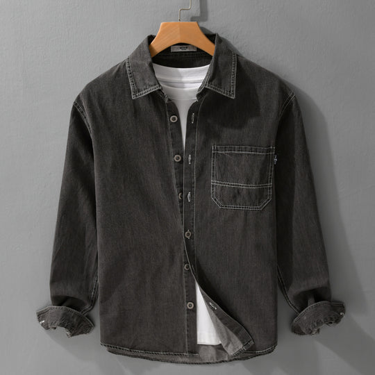 Herren Gewaschenes Denim-Overshirt im Workwear-Look mit Kontrastnähten Nord Taschen