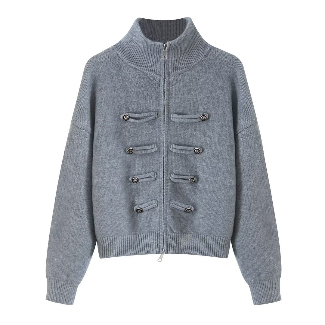 Damen Strickjacke mit Stehkragen, Reißverschluss und dekorativen Knotenblenden Nord Taschen