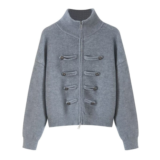 Damen Strickjacke mit Stehkragen, Reißverschluss und dekorativen Knotenblenden Nord Taschen