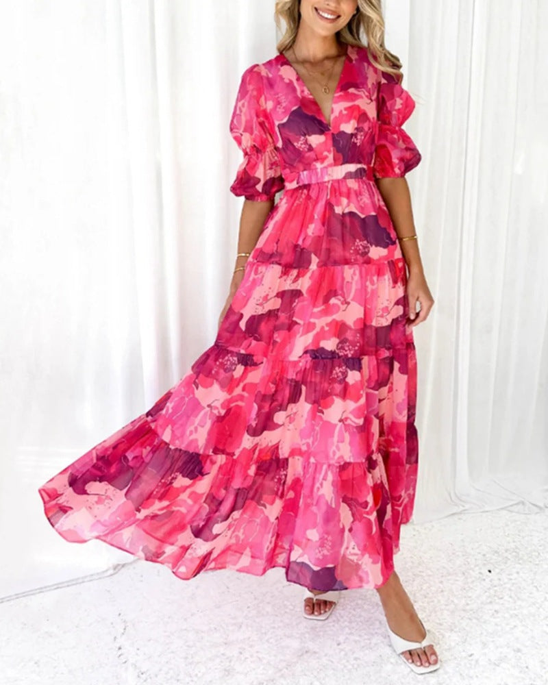 Damen nan mehrlagiges Maxikleid im Volant‑Stufenlook mit V‑Ausschnitt und geraffter Empire‑Taille