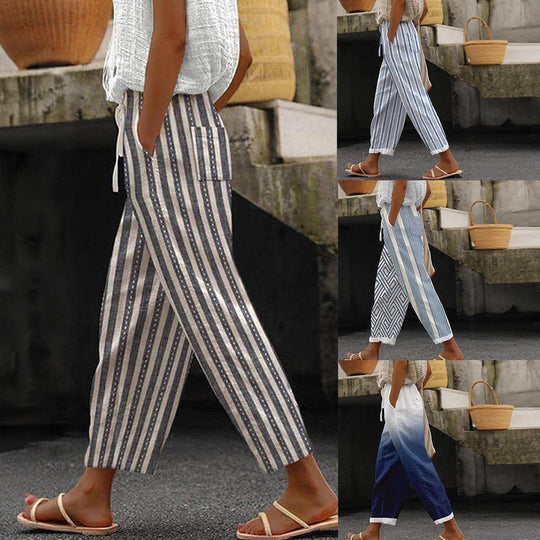 Damen Weite Leinenhose mit handgewNord Taschentem Muster