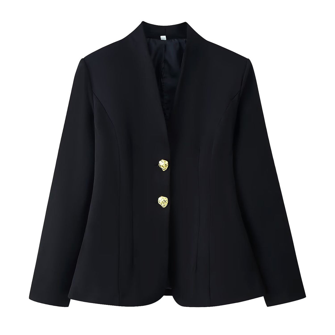 Damen 10+ taillierter Blazer mit Stehkragen und goldenen Zierknöpfen Nord Taschen