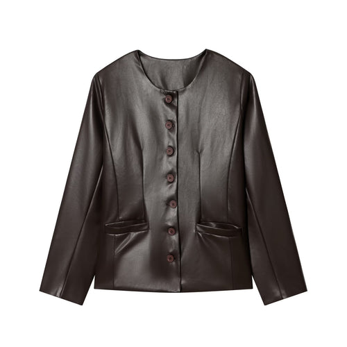 Damen Knopfblazer aus veganer Lederoptik im Cropped‑Boxy‑Schnitt mit Rundhalsausschnitt Nord Taschen