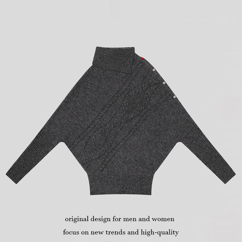 Damen Oversize-Pullover mit Rollkragen, asymmetrischer Schulter-Knopfleiste und Zopfstrick-Details Nord Taschen