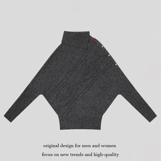 Damen Oversize-Pullover mit Rollkragen, asymmetrischer Schulter-Knopfleiste und Zopfstrick-Details Nord Taschen