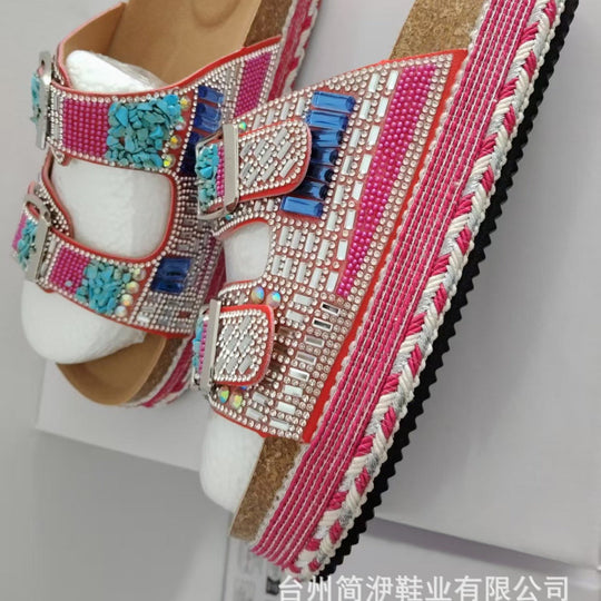 Damen bequeme Sandalen mit dekorativen Steinen und breiten Riemen