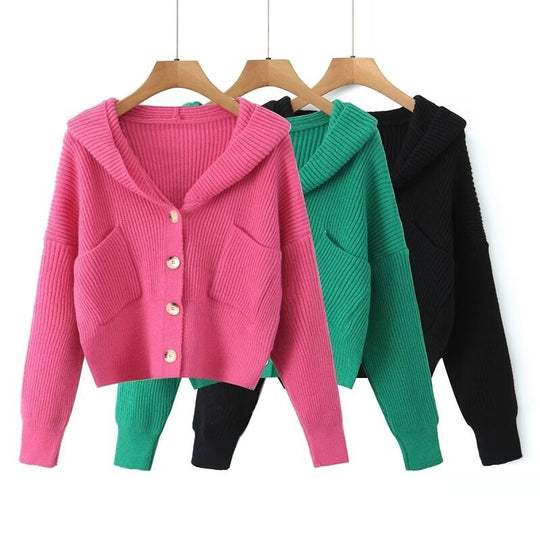 Damen Kurze Rippstrick-Cardigan mit weitem Kapuzenkragen und aufgesetzten Taschen Nord Taschen
