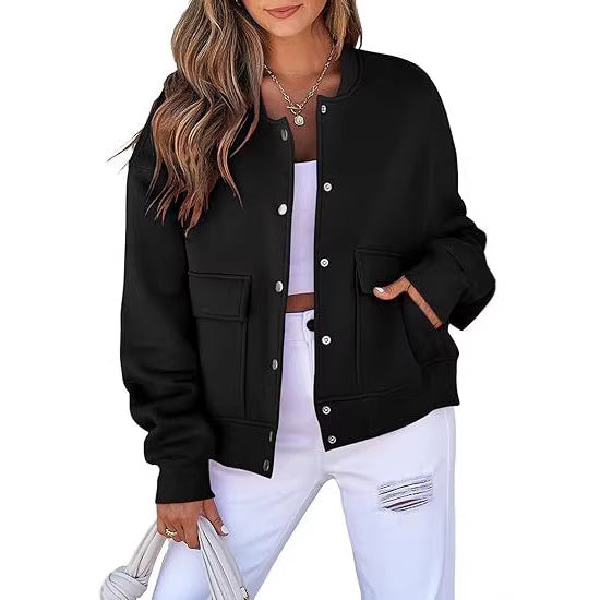 Damen lässige Oversize-Bomberjacke aus Sweatstoff mit Druckknopfleiste und aufgesetzten Taschen Nord Taschen