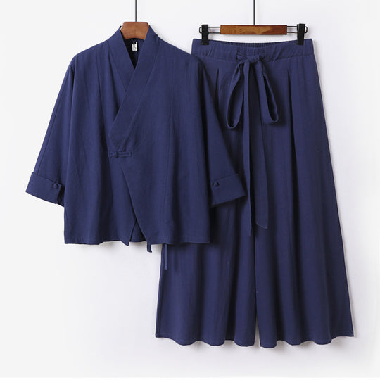Damen Leichtes Kimono-Loungewear-Set mit V-Ausschnitt dreiviertelärmeln und weiten Palazzo-Hosen Nord Taschen