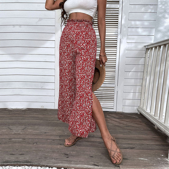 Damen Weite hochgeschnittene Palazzo‑Hose mit floralem Muster und seitlichem Beinschlitz Nord Taschen