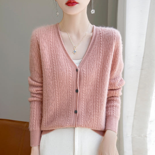 Damen Kurzer Zopfmuster-Cardigan im Mohair-Look mit V‑Ausschnitt und gerippten Bündchen Nord Taschen