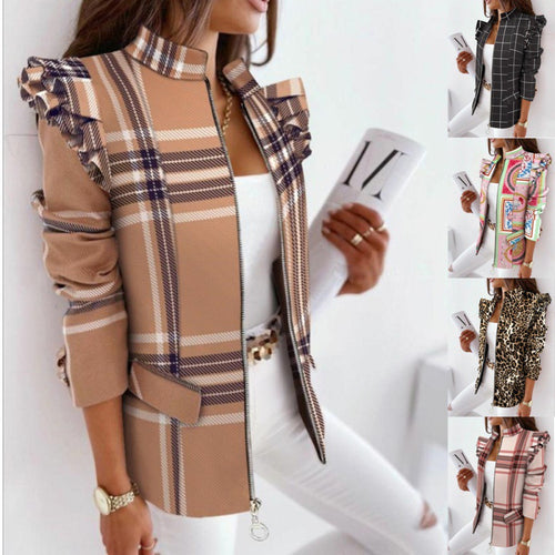 Damen Leoprint-Statement-Jacke mit Rüschen-Schulter und Reißverschluss Nord Taschen