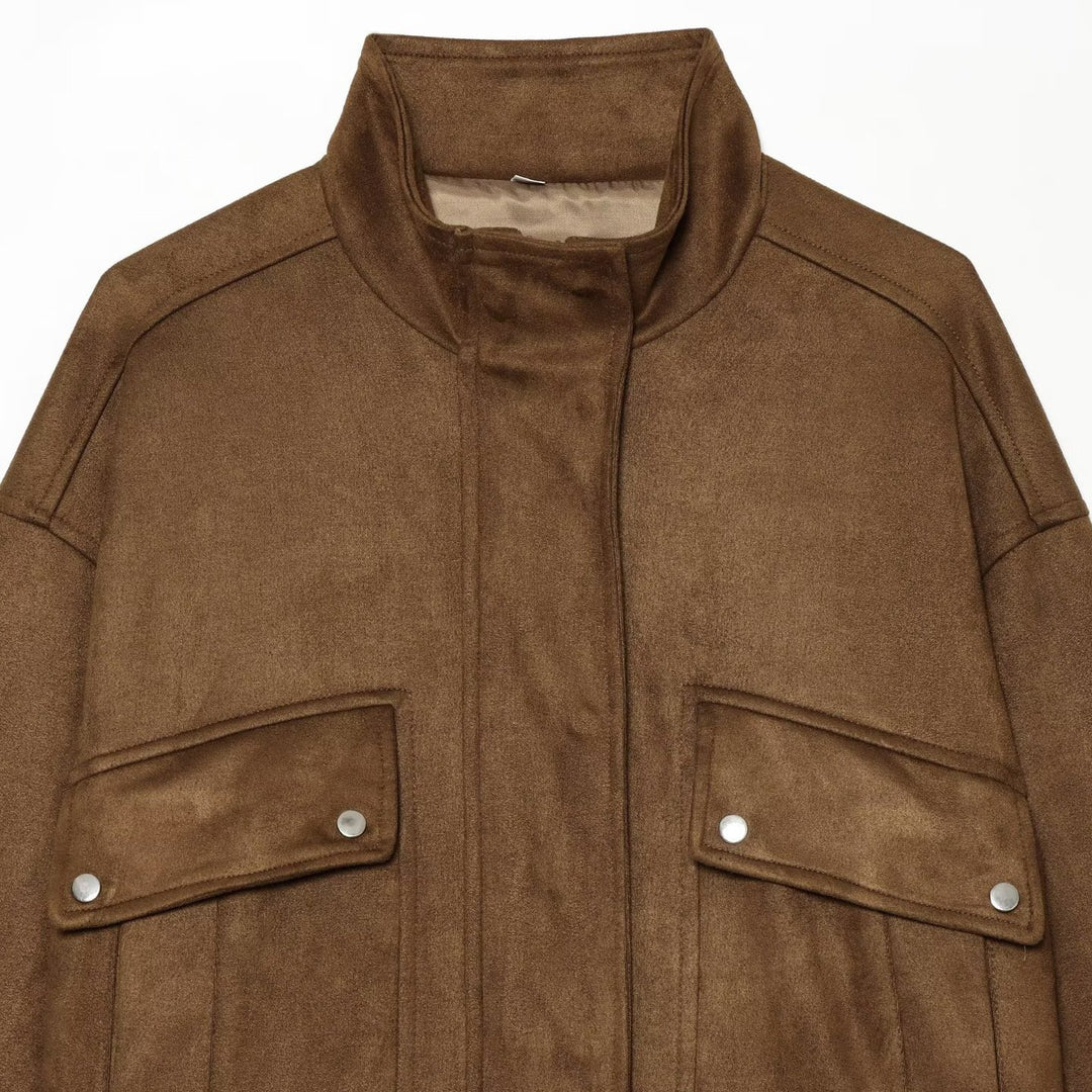 Damen Kurze Boxy‑Suede‑Jacke mit Stehkragen und aufgesetzten Pattentaschen Nord Taschen