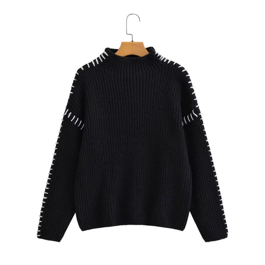 Damen Oversize-Strickpullover mit Stehkragen, Ballonärmeln und Ziernaht Nord Taschen