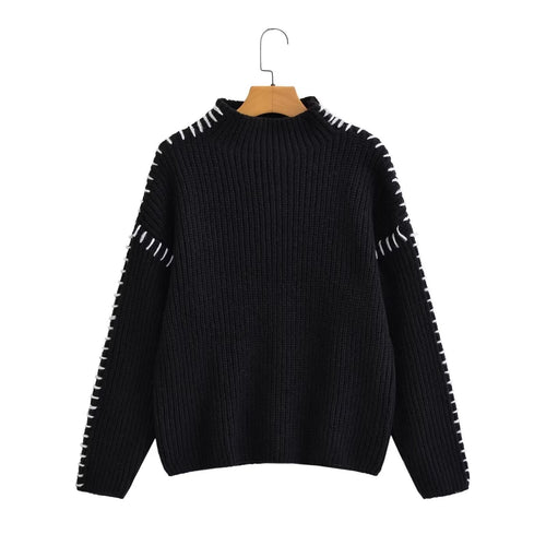 Damen Oversize-Strickpullover mit Stehkragen, Ballonärmeln und Ziernaht Nord Taschen