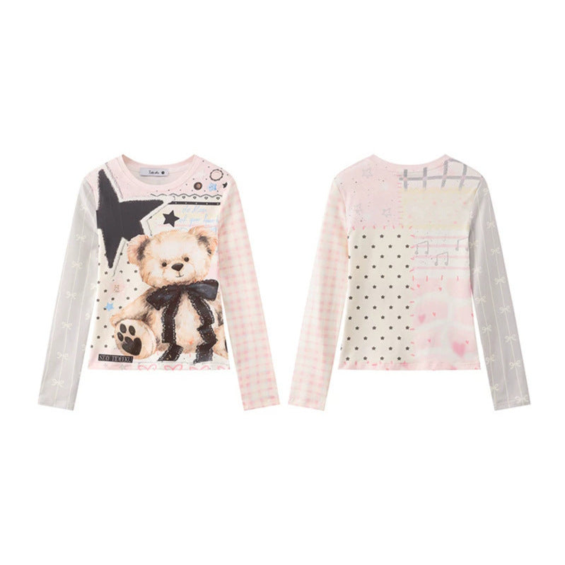 Damen Langarmshirt mit verspieltem Teddybär-Print, Mixed-Muster und Spitzenband Nord Taschen