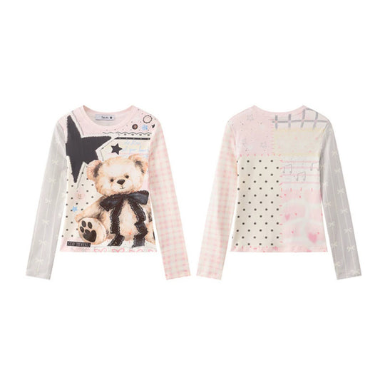 Damen Langarmshirt mit verspieltem Teddybär-Print, Mixed-Muster und Spitzenband Nord Taschen