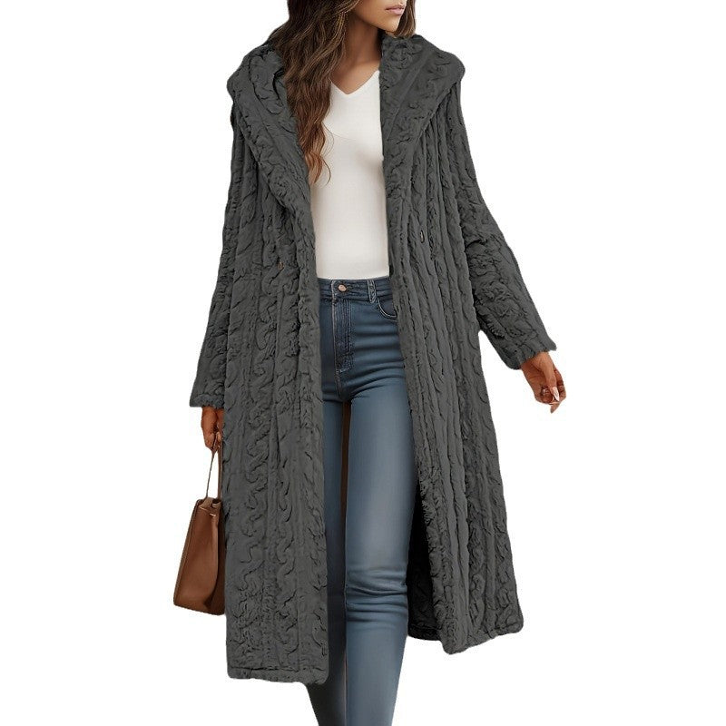 Damen Langer Kapuzen-Teddy-Mantel mit Zopfstrick-Optik Nord Taschen