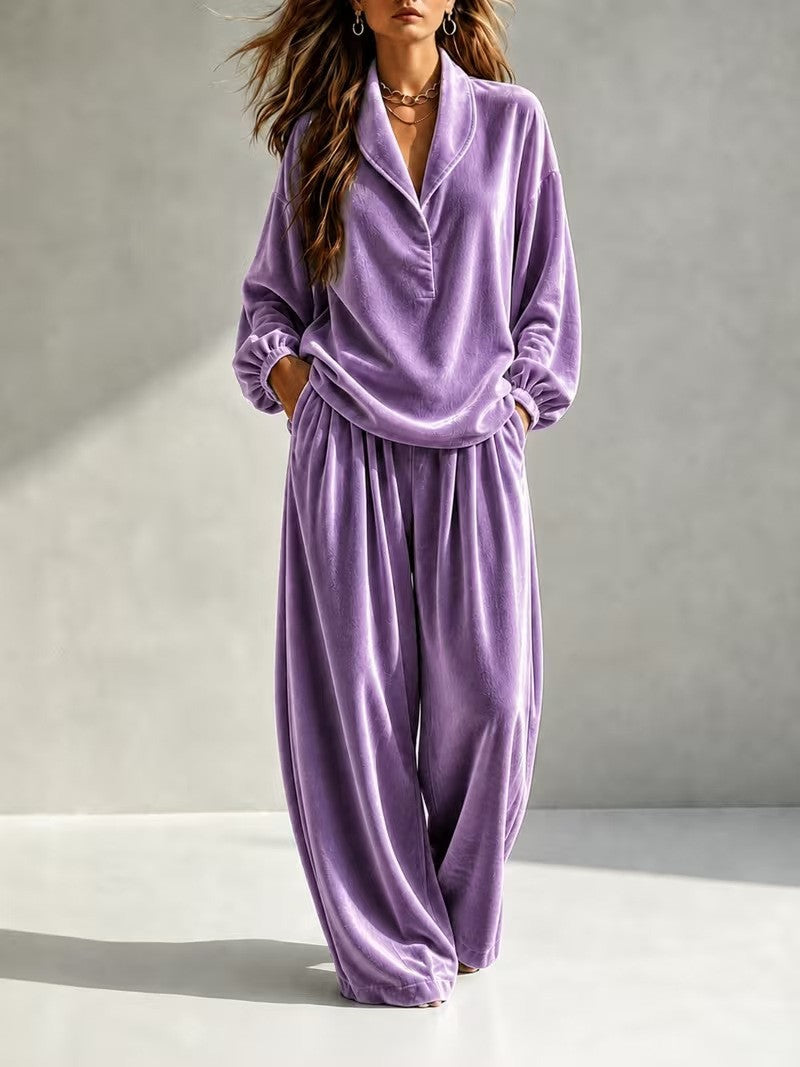 Damen Luxuriöses Velours-Loungewear-Set mit Schalkragen und weiter Palazzo-Hose Nord Taschen