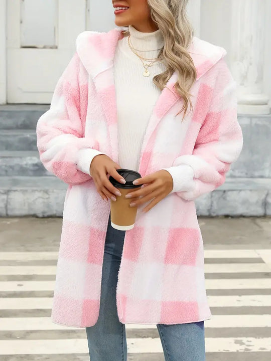 Damen Oversize Karierter Teddy-Mantel mit Kapuze und Eingrifftaschen Nord Taschen