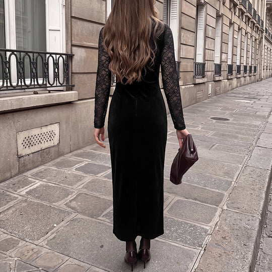 Damen Elegantes Langarm Maxikleid aus Samt und Spitze Nord Taschen