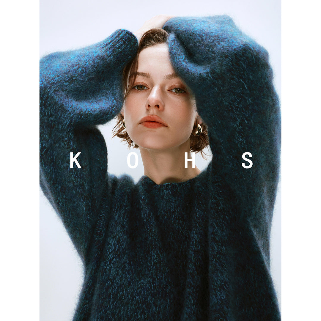Damen Oversize Mohair-Optik Pullover mit Rundhalsausschnitt Nord Taschen
