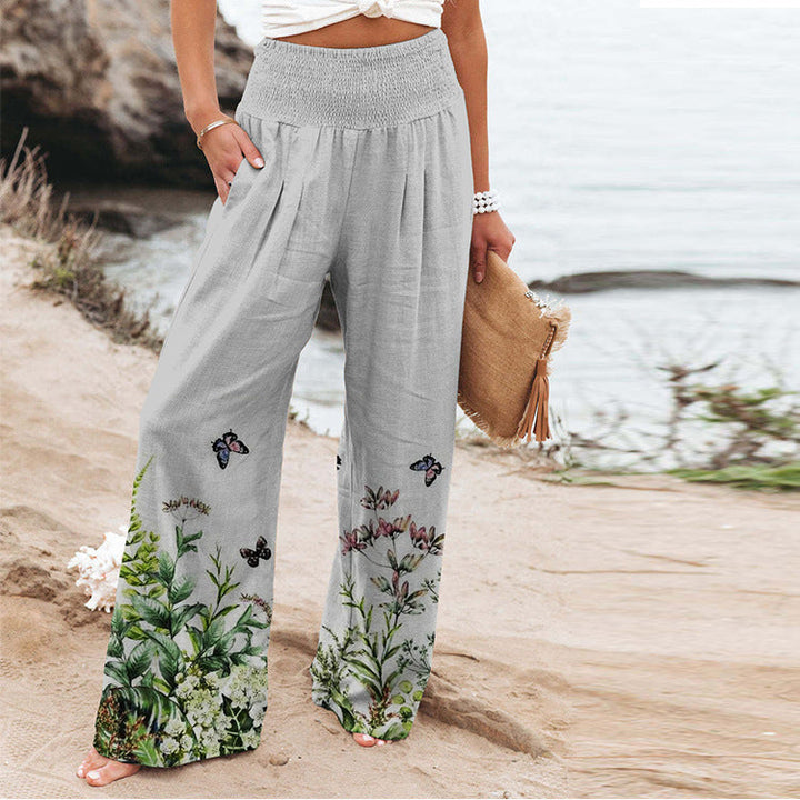 Damen weite Floral-Hose mit elastischem Bund und seitlichen Taschen