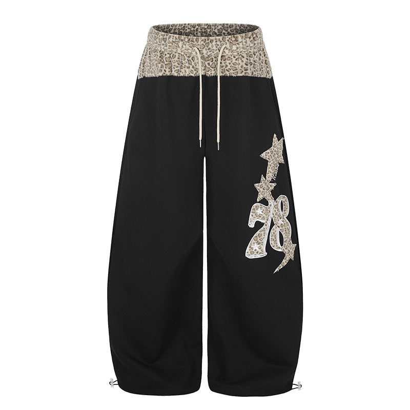 Damen Extraweite Palazzo-Loungehose mit hohem Komfortbund, Leoprint-Bund und dekorativer Stern-Ziffer-Applikation Nord Taschen
