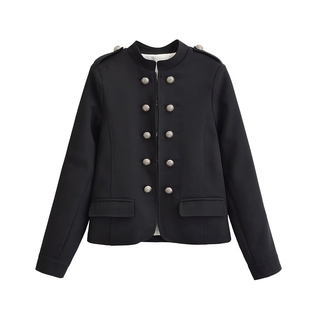Damen Kurzer Stehkragen-Blazer mit doppelter Zierknopfleiste und Epauletten Nord Taschen