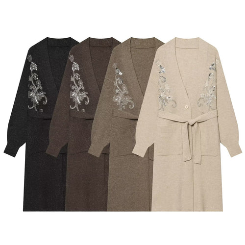 Damen Langer Strickcardigan mit Taillengürtel und Pailletten‑Stickerei Nord Taschen