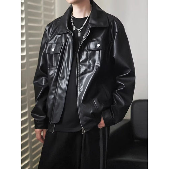 Herren Kurz geschnittene Oversized Kunstleder-Utility-Jacke mit Brustklappen und durchgehendem Reißverschluss Nord Taschen