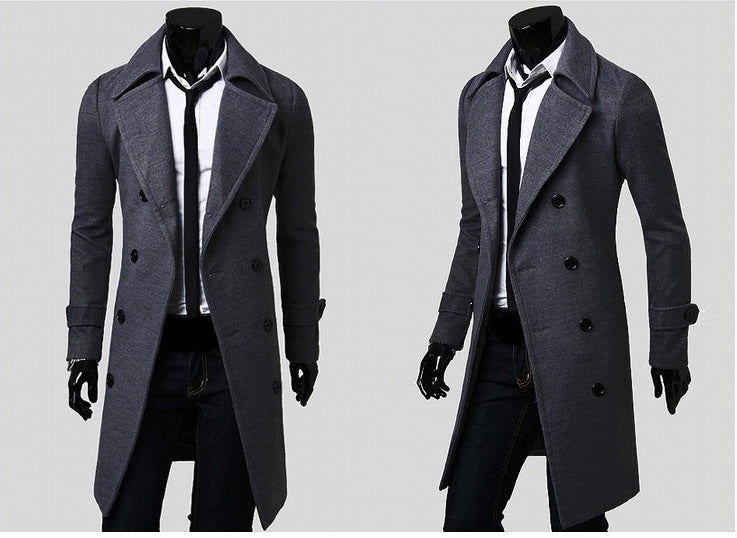 Herren taillierter zweireihiger Trenchcoat aus Wollmix mit klassischem Revers und Rückenschlitz Nord Taschen