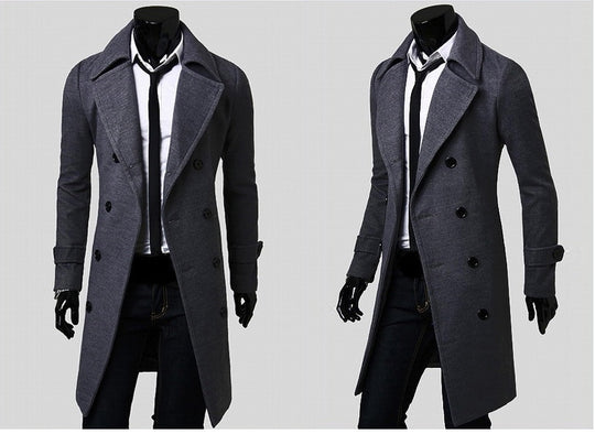 Herren taillierter zweireihiger Trenchcoat aus Wollmix mit klassischem Revers und Rückenschlitz Nord Taschen