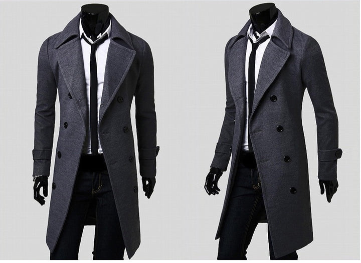Herren taillierter zweireihiger Trenchcoat aus Wollmix mit klassischem Revers und Rückenschlitz Nord Taschen