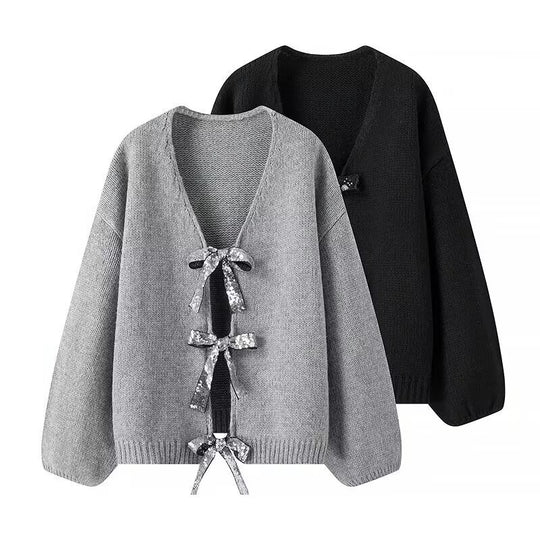 Damen Oversized Strickcardigan mit V-Ausschnitt und Pailletten‑Schleifen Nord Taschen