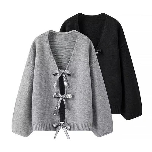 Damen Oversized Strickcardigan mit V-Ausschnitt und Pailletten‑Schleifen Nord Taschen