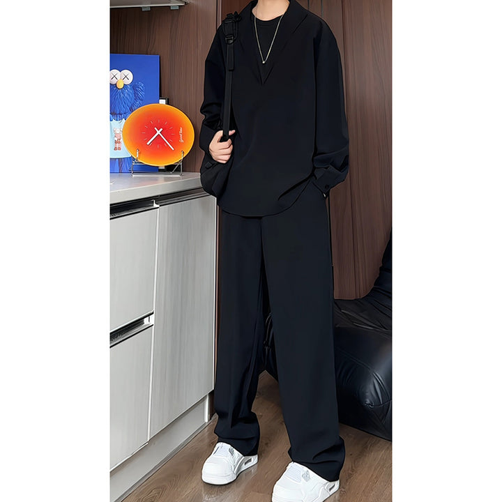 Herren locker geschnittenes zweiteiliges Freizeitset mit tiefem V-Ausschnitt Overshirt und weitem Bundfaltenhose Nord Taschen