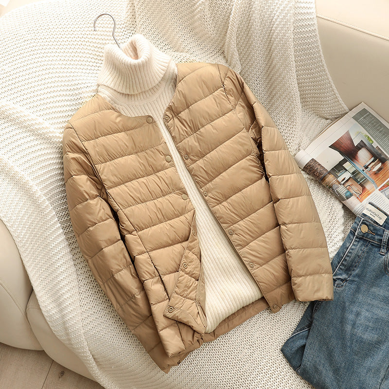 Damen Ultraleichte Steppjacke ohne Kragen, Packbare Thermojacke für Reisen und Alltag Nord Taschen