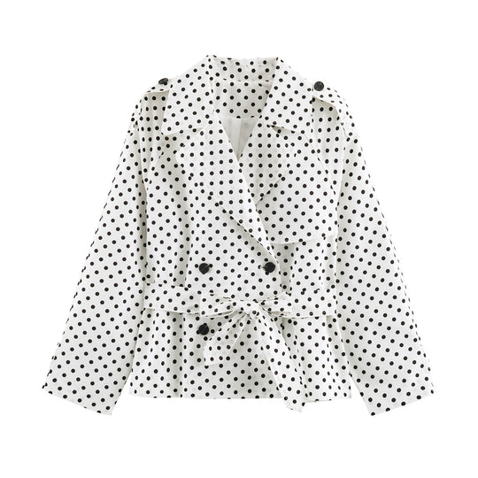 Damen Kurzer gepunkteter Trenchcoat mit Taillengürtel und doppelreihiger Knopfleiste Nord Taschen