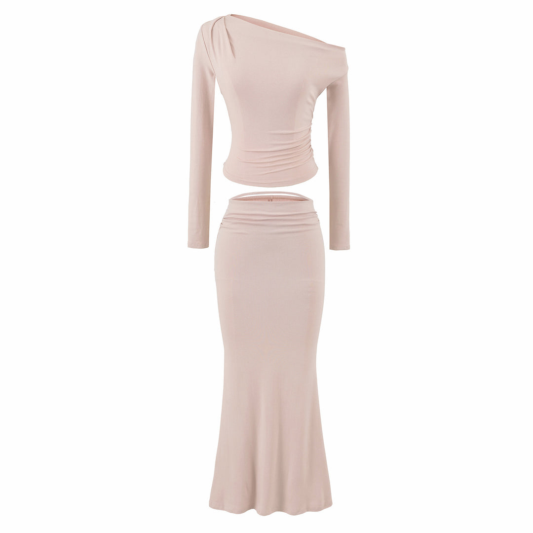 Damen Einschultriges zweiteiliges Set mit gerafftem Crop-Top und tailliertem Maxirock Nord Taschen