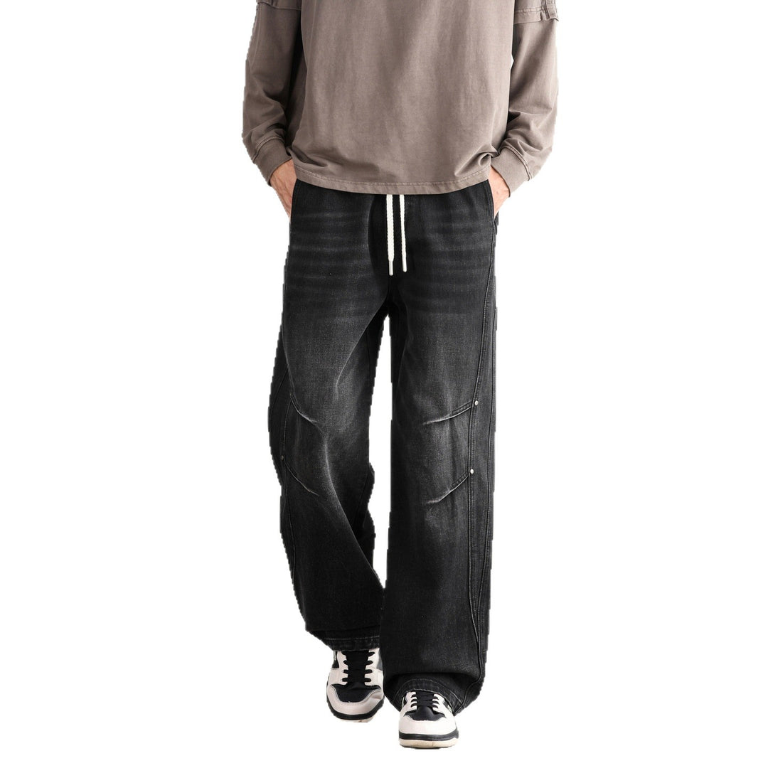 Herren Weite Denim-Hose mit Tunnelzugbund, Paneelnähten und Used-Waschung Nord Taschen