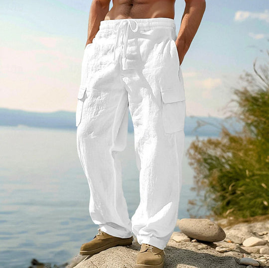 Herren weite Casual-Cargohose aus Leinen-Baumwollmix mit Elastikbund, Tunnelzug und großen Pattentaschen Nord Taschen