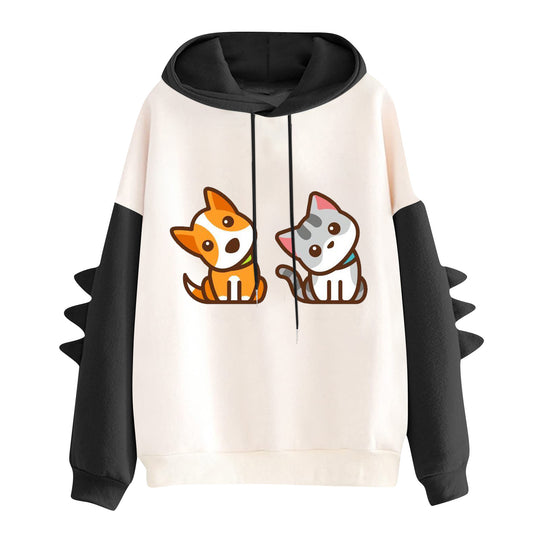 Damen nan Kapuzenpullover mit niedlichem Hunde‑und‑Katzen‑Print und 3D-Stacheln an den Ärmeln Nord Taschen